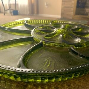 Vintage Indiana Glass Co Deviled Egg Hors D'Oeuvre Tray Olive Green Mid Century
